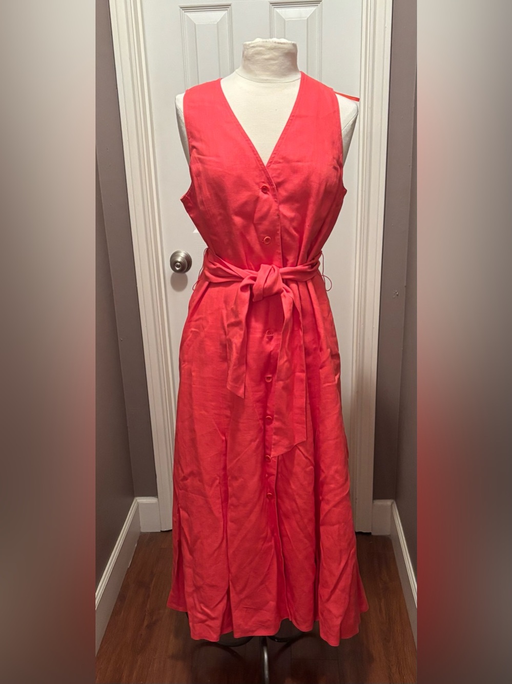 Talbots Coral Sleeveless Button-Front Maxi Dress with Self Tie